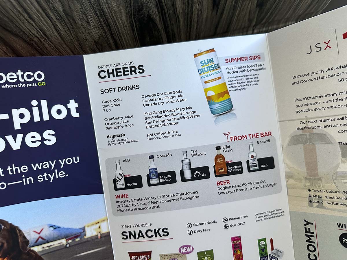JSX in flight menu showing free alcohol options