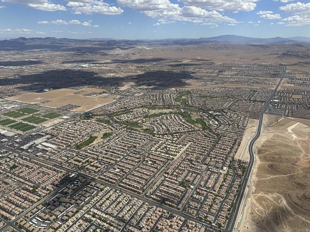 Flying over the suburbs of Las Vegas on descent into LAS