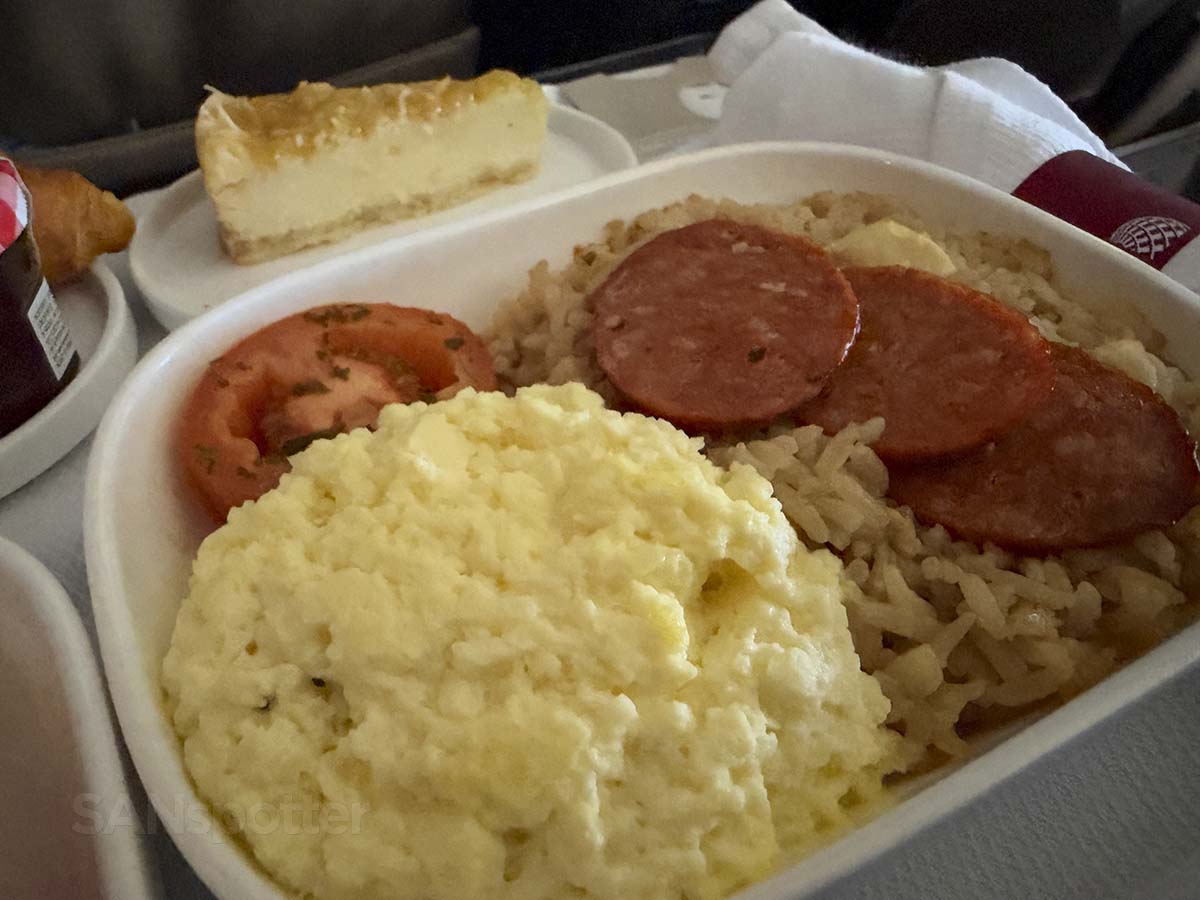 Close-up of my Hawaiian style breakfast in United Airlines 757-300 first class