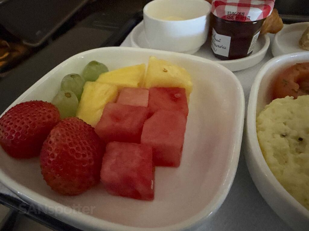 Fruit bowl served with my breakfast in United Airlines 757-300 first class