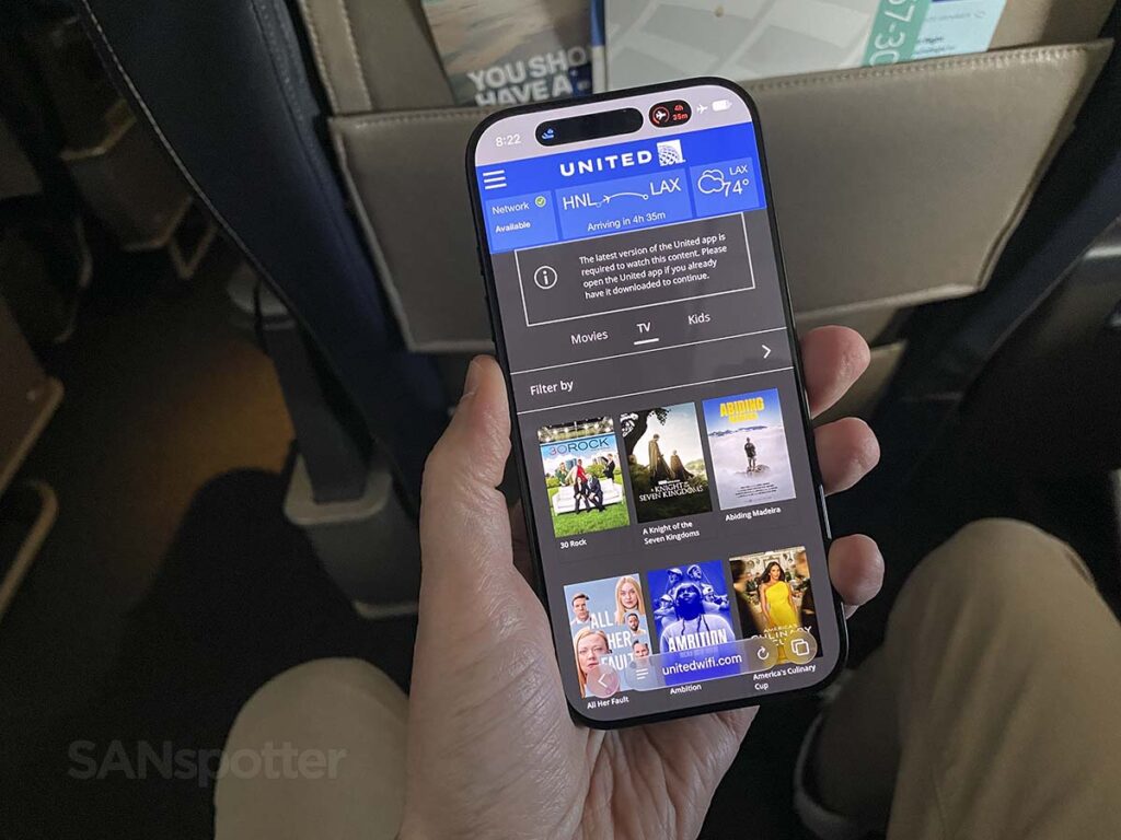 TV show menu screen on the streaming in flight entertainment system (as viewed on my iPhone) in United Airlines 757-300 first class