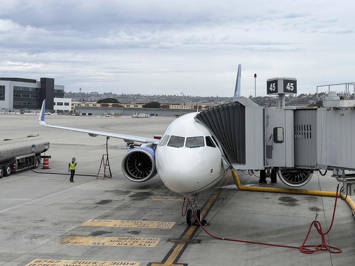 United Airlines A321XLR parked at gate 45 San Diego airport