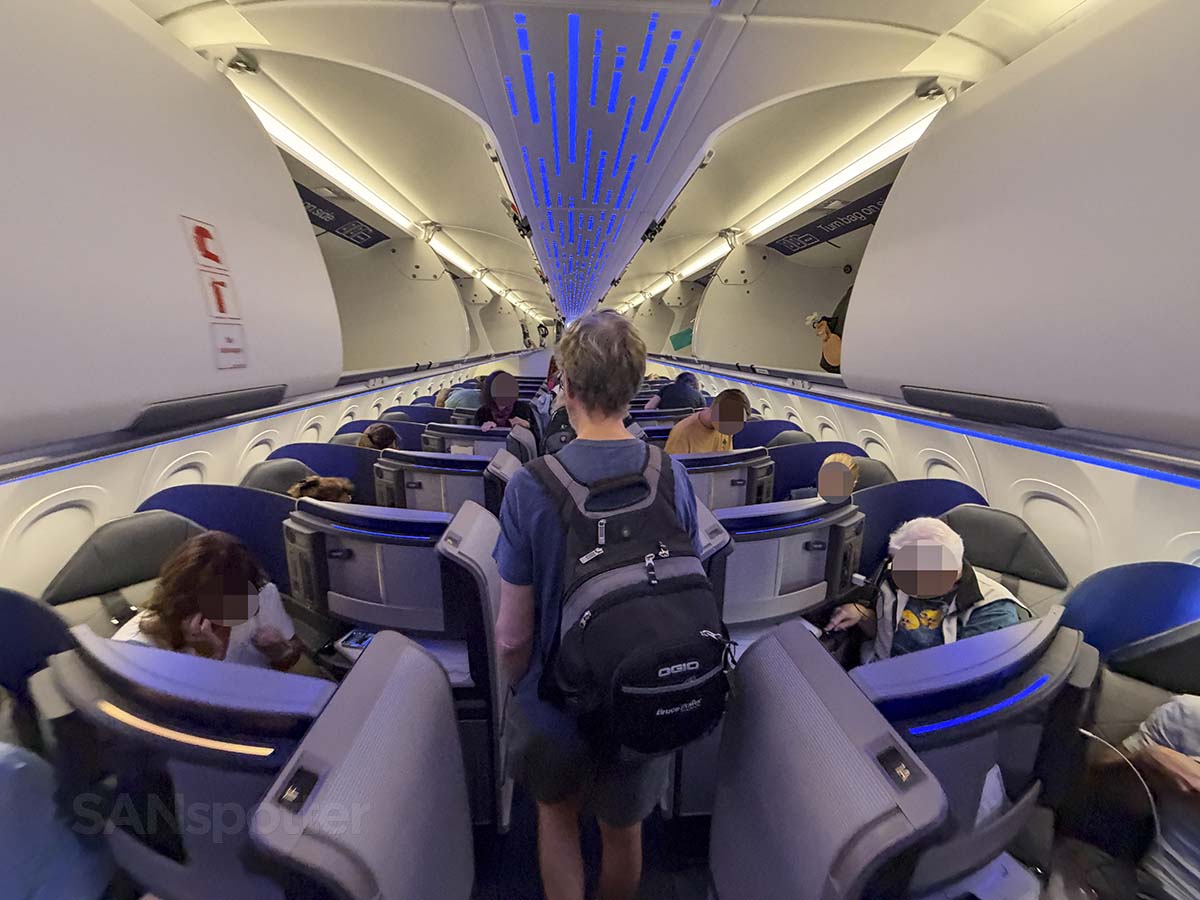 Walking through the United Airlines A321XLR business class cabin on my way back to economy