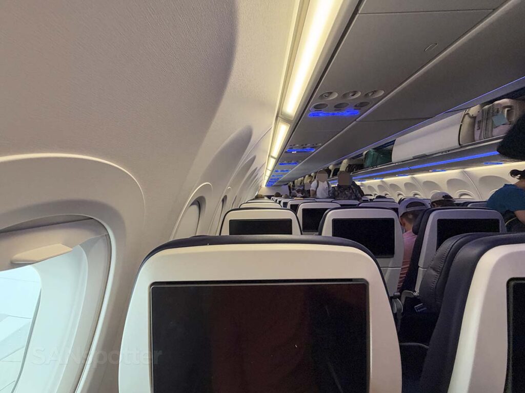 Looking forward towards the front of the cabin from seat 40A in United Airlines A321XLR economy