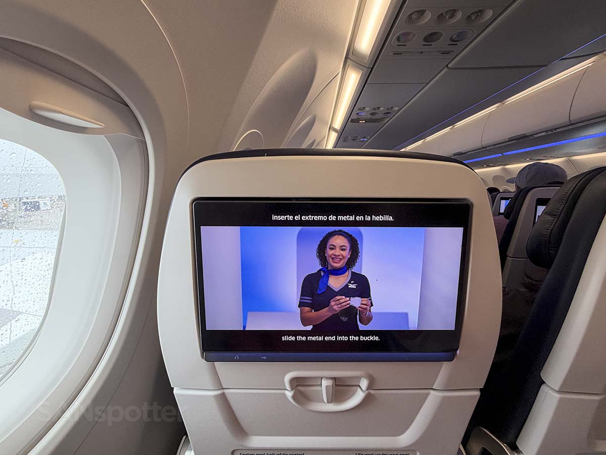 Watching the safety video on the video screen in the seat back in front of me in United Airlines A321XLR economy