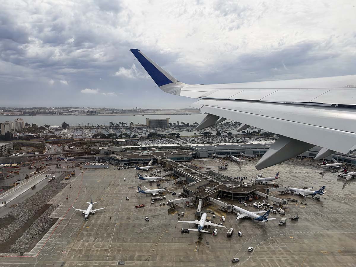 Looking down on terminal2 East at SAN while taking off in a United Airlines A321XLR