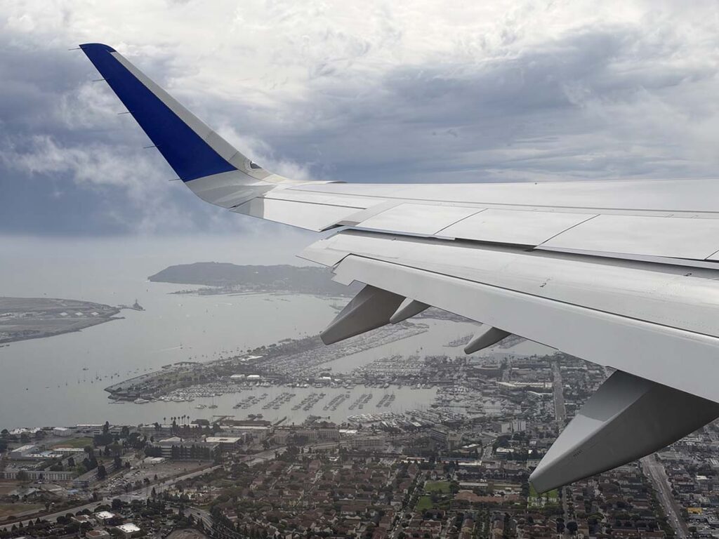 United Airlines A321XLR overflying shelter Island just moments after taking off from SAN