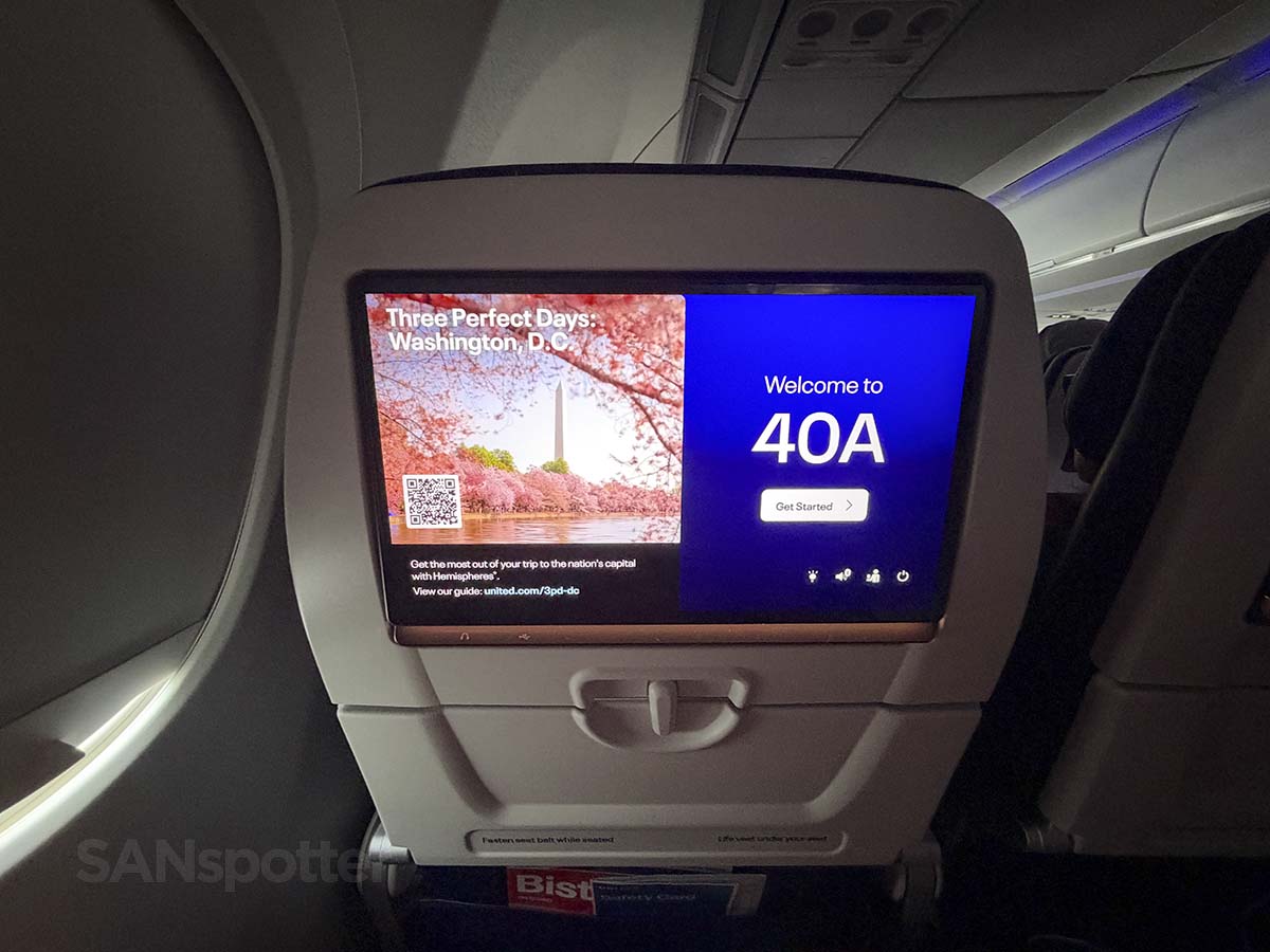 Welcome screen on the seatback video display in United Airlines A321XLR economy