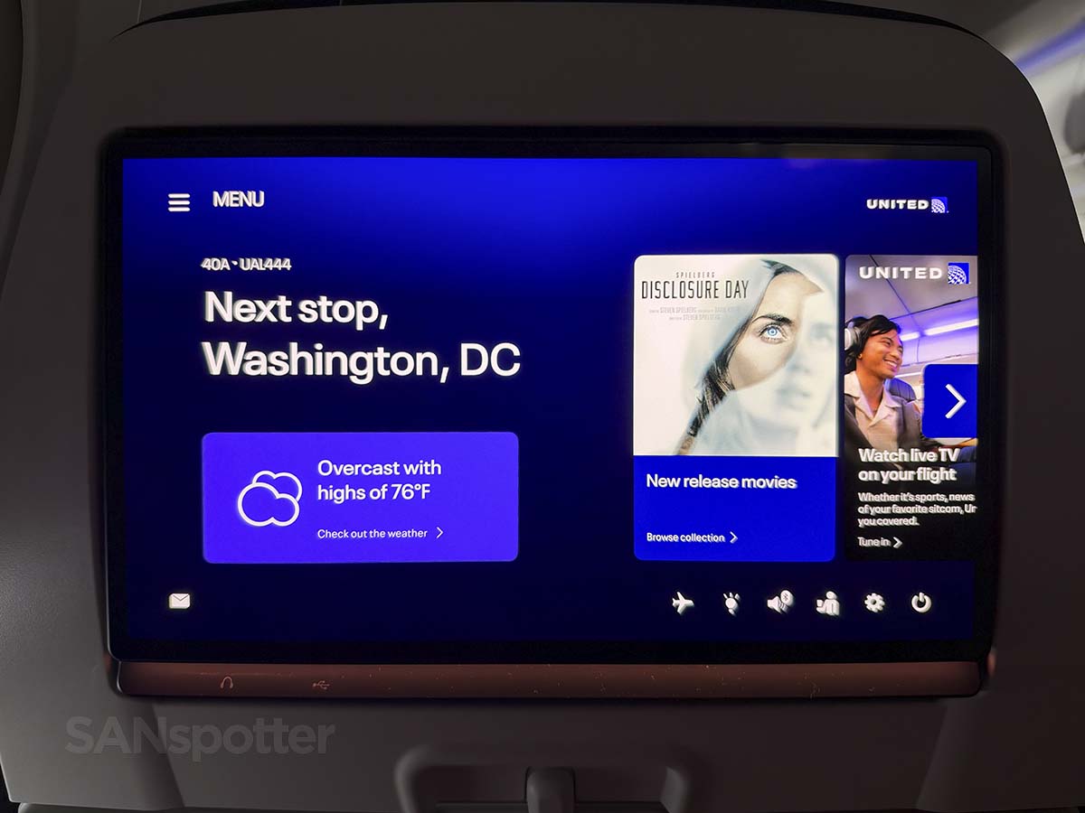 Main menu of the in-flight entertainment system on the seatback video display in United Airlines A321XLR economy