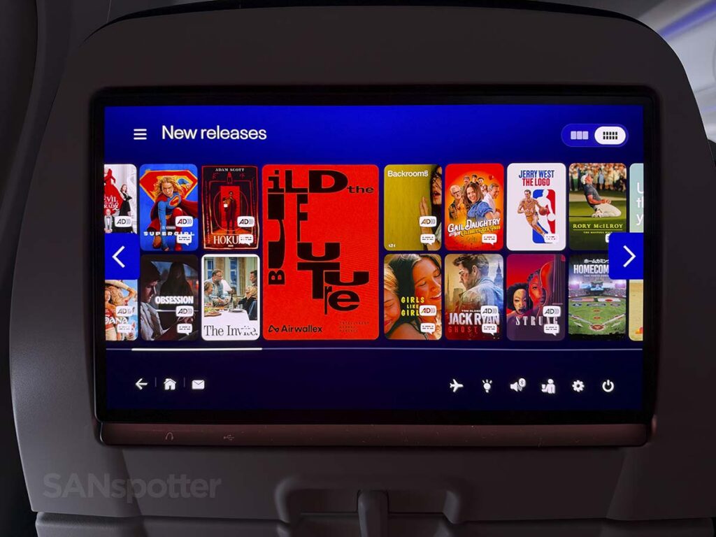 New releases screen of the in flight entertainment system in United Airlines A321XLR economy