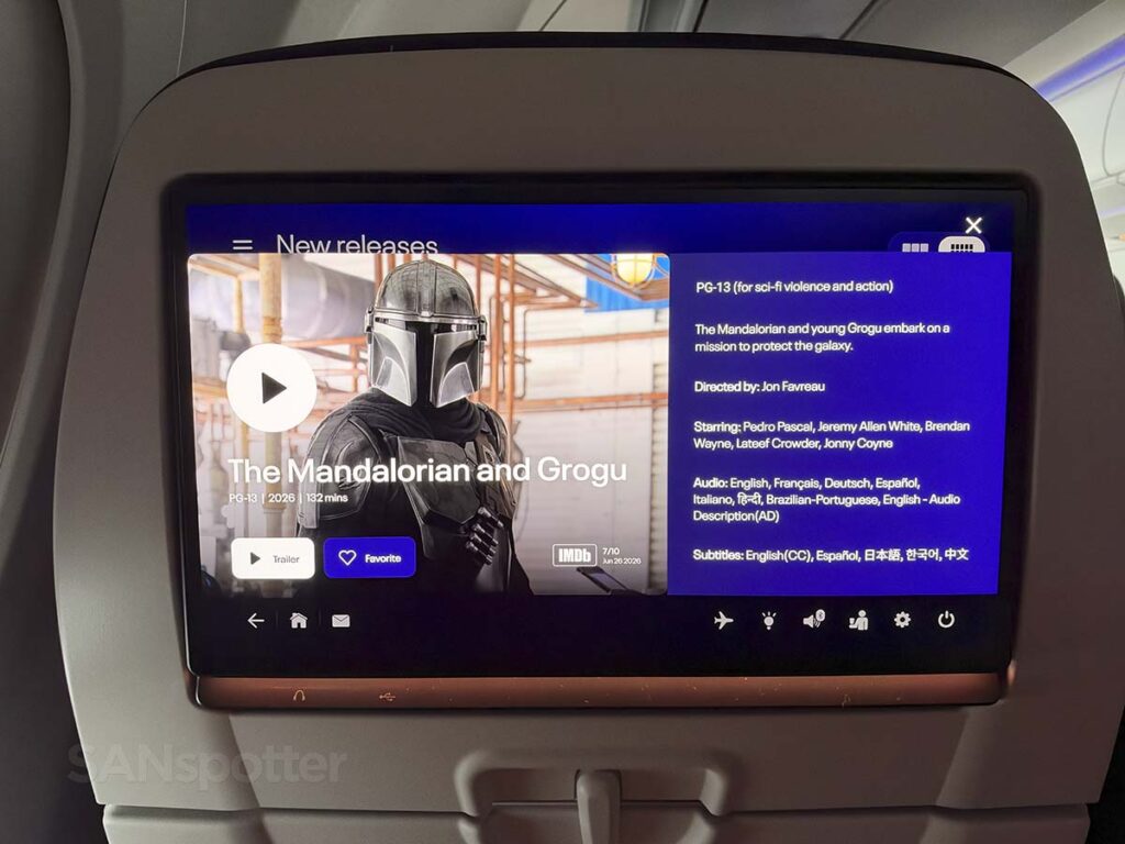 Movie details screen of the in flight entertainment system in United Airlines A321XLR economy