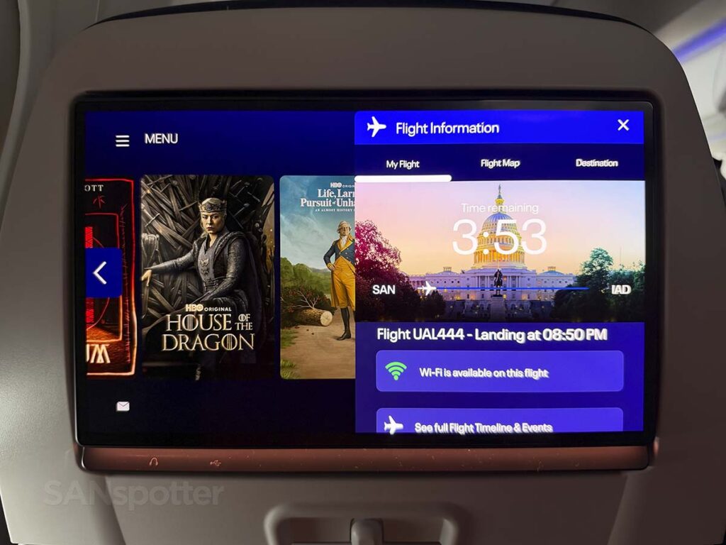 Flight information pop-up menu of the in flight entertainment system in United Airlines A321XLR economy