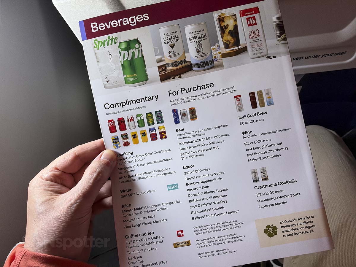 United Airlines economy class complementary and for purchase drink menu