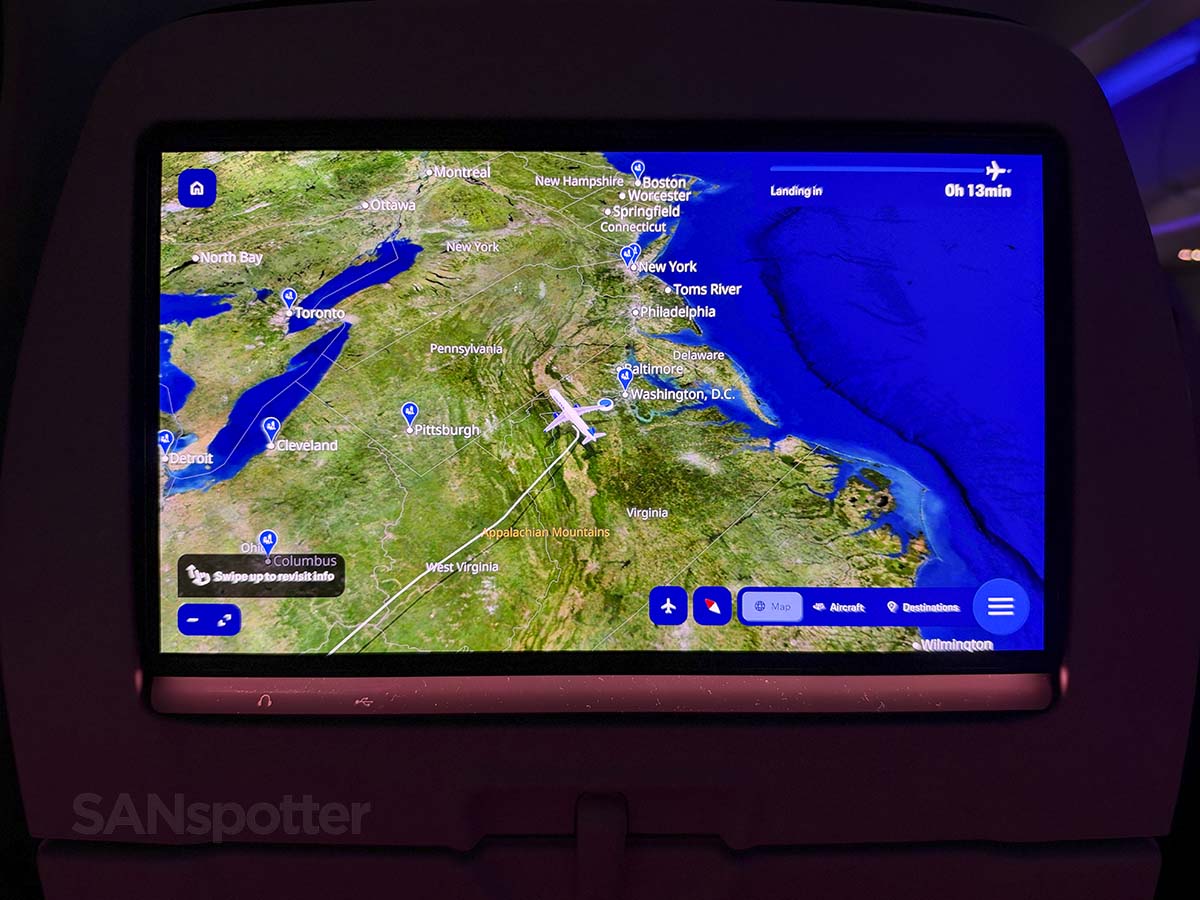 Watching the in-flight map on the video screen in the seat in front of me inUnited Airlines A321XLR economy as we make the approach into Washington Dulles Airport