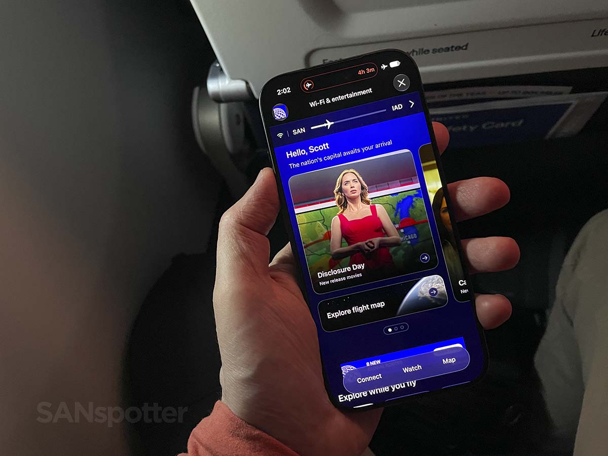 Watching movies and TV shows right on my phone in the United app via free Starlink Wi-Fi in United Airlines A321XLR economy